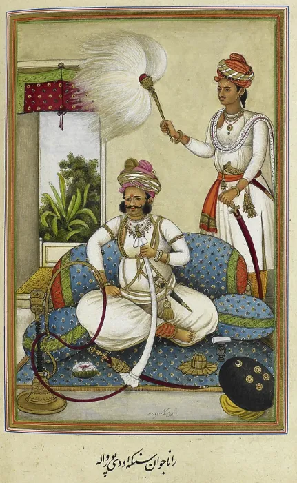 Framed Print : Portrait of Maharana Javan Singh of Udaipur (r.1828-1838), smoking a hookah, 1830. Creator: Anon Framed Print : Portrait of Maharana Javan Singh of Udaipur (r.1828-1838), smoking a hookah, 1830. Creator: Anon