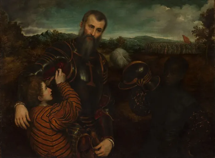 Framed Print : Portrait of a Man in Armor with Two Pages. Creator: Paris Bordone Framed Print : Portrait of a Man in Armor with Two Pages. Creator: Paris Bordone