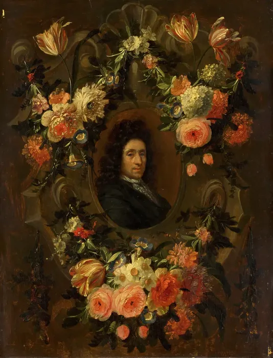 Framed Print : Portrait of a Man Encircled by a Wreath of Flowers. Creator: Jean-Baptiste Morel Framed Print : Portrait of a Man Encircled by a Wreath of Flowers. Creator: Jean-Baptiste Morel