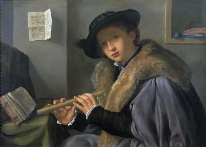 Framed Print : Portrait of a man with flute, c. 1525 Framed Print : Portrait of a man with flute, c. 1525
