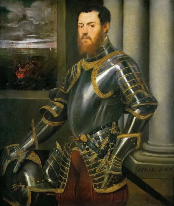 Framed Print : Portrait of a Man in a Gold decorated Suit of Armor, ca 1555. Creator: Tintoretto Framed Print : Portrait of a Man in a Gold decorated Suit of Armor, ca 1555. Creator: Tintoretto