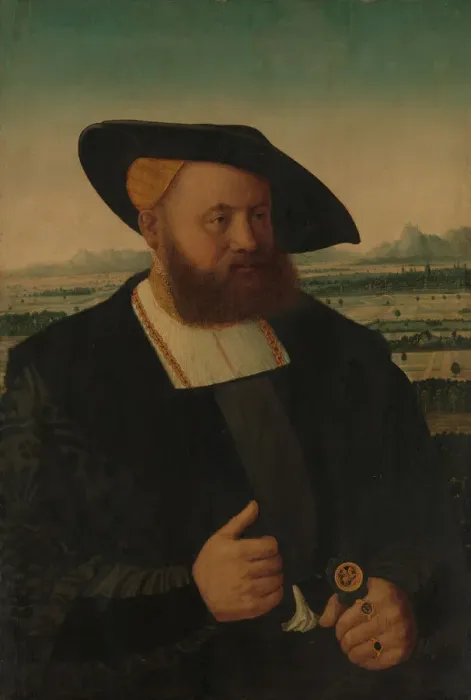 Framed Print : Portrait of a Man with a Moors Head on His Signet Ring. Creator: Conrad Faber von Creuznach Framed Print : Portrait of a Man with a Moors Head on His Signet Ring. Creator: Conrad Faber von Creuznach
