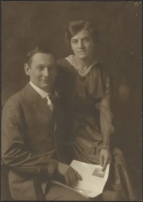 Framed Print : Portrait of a Man and a Woman Holding Magazine, 1907-1943. Creator: Louis Fleckenstein Framed Print : Portrait of a Man and a Woman Holding Magazine, 1907-1943. Creator: Louis Fleckenstein