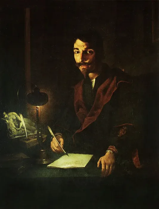 Framed Print : Portrait of a man writing in lamplight (self-portrait), 1635-1640. Creator: Paolini, Pietro (1603-1682) Framed Print : Portrait of a man writing in lamplight (self-portrait), 1635-1640. Creator: Paolini, Pietro (1603-1682)