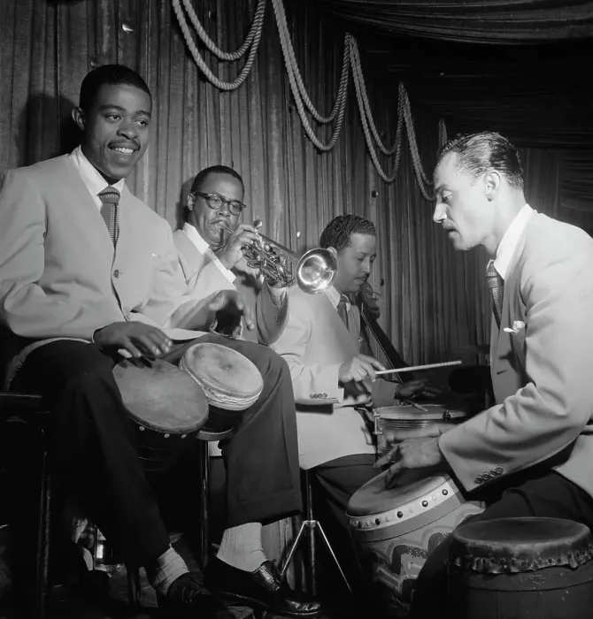 Framed Print : Portrait of Mario Bouza, Jose Mangual, Carlos Vidal(?), and Ubaldo...Glen Island Casino, N.Y. 1947. Creator: William Paul Gottlieb Framed Print : Portrait of Mario Bouza, Jose Mangual, Carlos Vidal(?), and Ubaldo...Glen Island Casino, N.Y. 1947. Creator: William Paul Gottlieb