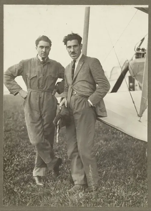 Framed Print : Portrait of two men by plane, 1915-1930. Creator: Fedele Azari Framed Print : Portrait of two men by plane, 1915-1930. Creator: Fedele Azari