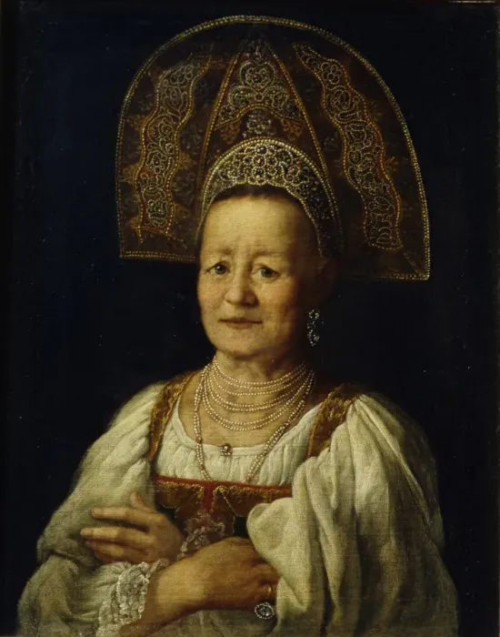 Framed Print : Portrait of a Merchant Woman in Kokoshnik, 1796. Artist: Drozhdin, Petro Semyonovich (1745-1805) Framed Print : Portrait of a Merchant Woman in Kokoshnik, 1796. Artist: Drozhdin, Petro Semyonovich (1745-1805)