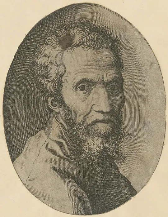 Framed Print : Portrait of Michelangelo Buonarroti, 1564-1570. Creator: Ghisi, Giorgio (1520-1582) Framed Print : Portrait of Michelangelo Buonarroti, 1564-1570. Creator: Ghisi, Giorgio (1520-1582)