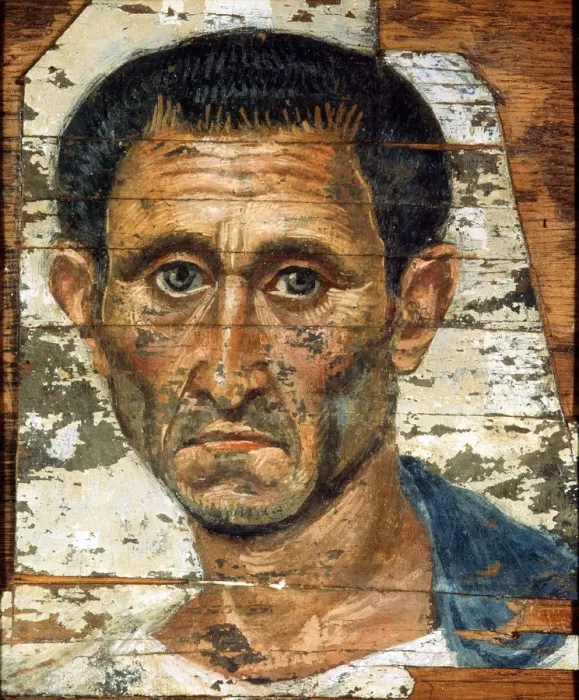 Framed Print : Portrait of a middle-aged man in a blue cloak, Romano-Egyptian mummy portrait, late 1st century Framed Print : Portrait of a middle-aged man in a blue cloak, Romano-Egyptian mummy portrait, late 1st century
