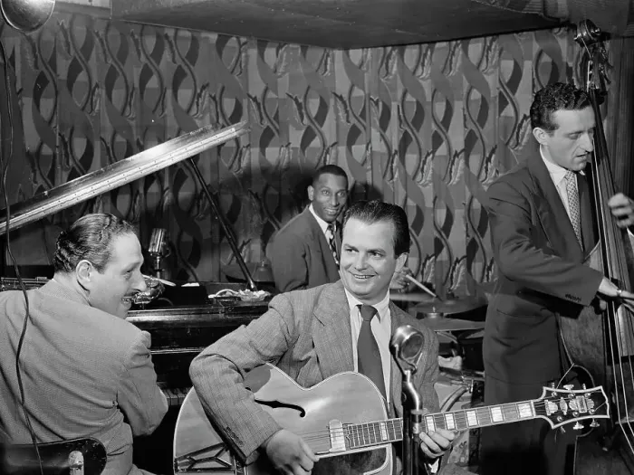 Framed Print : Portrait of Mike Bryan, Sanford Gold, Cozy Cole, and Jack Lesberg, Famous Door, N.Y. ca. Oct. 1947. Creator: William Paul Gottlieb Framed Print : Portrait of Mike Bryan, Sanford Gold, Cozy Cole, and Jack Lesberg, Famous Door, N.Y. ca. Oct. 1947. Creator: William Paul Gottlieb