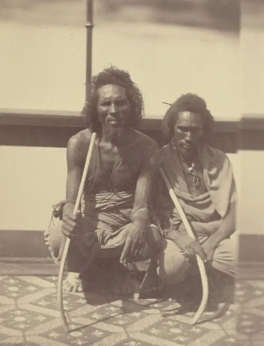 Framed Print : Portrait of Two Native Men Sitting on a Boat Holding Long Curved Sticks, 1865. Creator: Theodule Deveria Framed Print : Portrait of Two Native Men Sitting on a Boat Holding Long Curved Sticks, 1865. Creator: Theodule Deveria