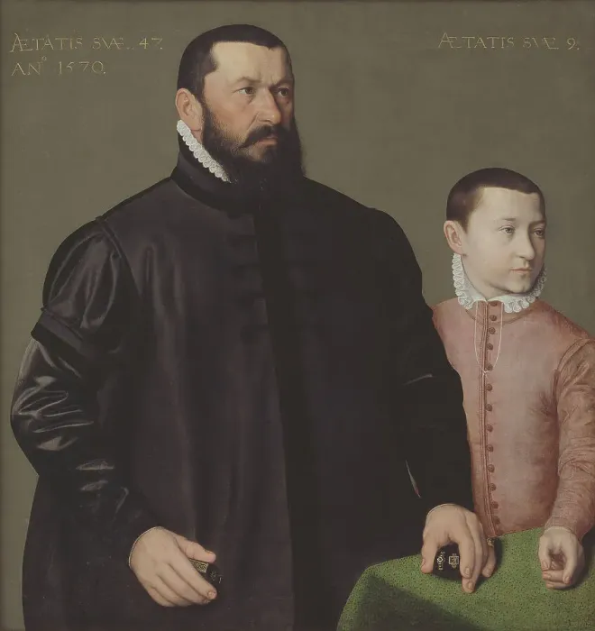 Framed Print : Portrait of the Nuremberg Goldsmith Hans Lencker (1523-1585) and his 9-year old son Elisius... 1570 Creator: Nicolas Neufchatel Framed Print : Portrait of the Nuremberg Goldsmith Hans Lencker (1523-1585) and his 9-year old son Elisius... 1570 Creator: Nicolas Neufchatel