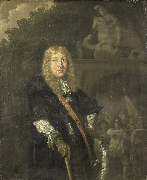 Portrait of an officer of the Leiden civic guard in front of the gate of the headquarters of the St. Creator: Domenicus van Tol