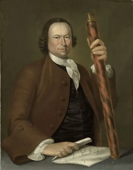 Framed Print : Portrait of an Officer at Sea with Coastal Map and Binoculars in his Hand, 1760. Creator: John Greenwood Framed Print : Portrait of an Officer at Sea with Coastal Map and Binoculars in his Hand, 1760. Creator: John Greenwood
