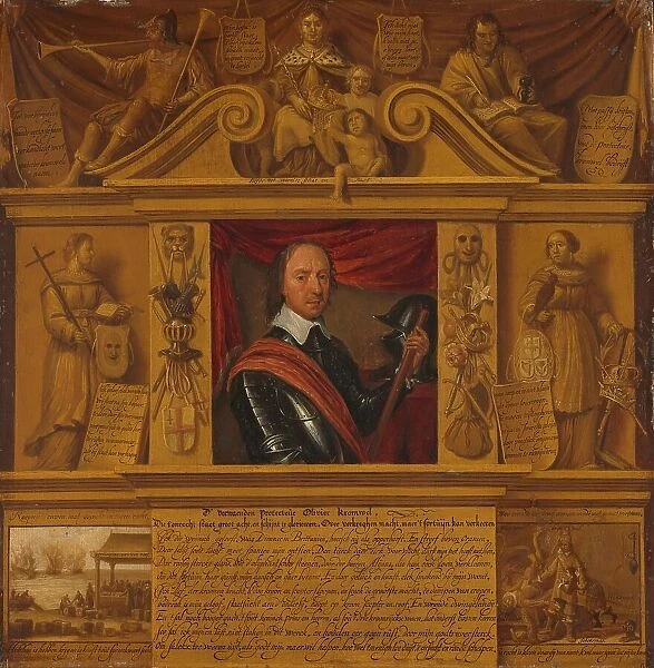 Portrait of Oliver Cromwell, in a Frame with Allegorical Figures and Historical Rep... c.1650. Creator: Unknown