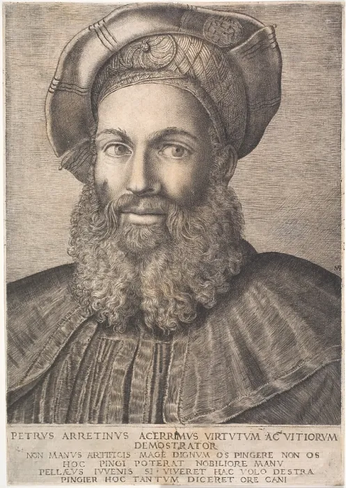 Framed Print : Portrait of Pietro Aretino, First quarter of 16th century. Creator: Raimondi, Marcantonio (c. 1480-c. 1534) Framed Print : Portrait of Pietro Aretino, First quarter of 16th century. Creator: Raimondi, Marcantonio (c. 1480-c. 1534)