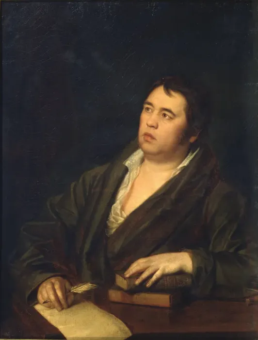 Framed Print : Portrait of the Poet Ivan A. Krylov (1769-1844), 1812. Artist: Volkov, Roman Maximovich (1776-1831) Framed Print : Portrait of the Poet Ivan A. Krylov (1769-1844), 1812. Artist: Volkov, Roman Maximovich (1776-1831)