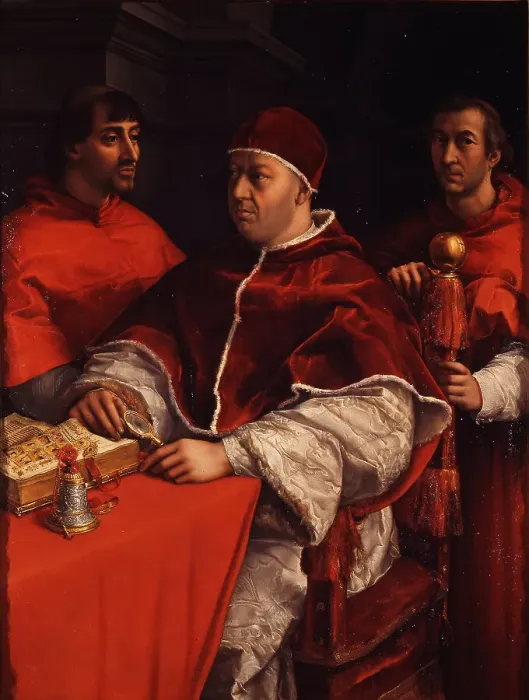 Framed Print : Portrait of Pope Leo X with Cardinals Giulio de Medici and Luigi de Rossi, ca 1518. Artist: Raphael (1483-1520) Framed Print : Portrait of Pope Leo X with Cardinals Giulio de Medici and Luigi de Rossi, ca 1518. Artist: Raphael (1483-1520)