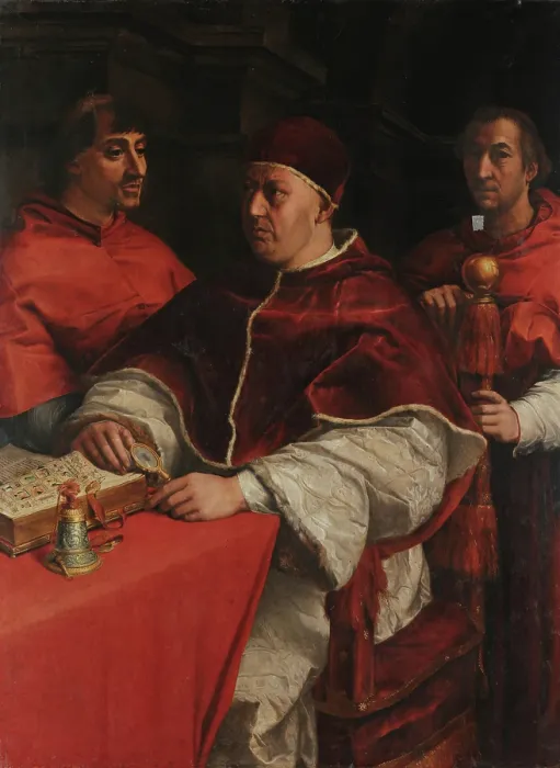 Framed Print : Portrait of Pope Leo X with Cardinals Giulio de Medici and Luigi de Rossi, 1523. Creator: Andrea del Sarto (1486-1531). Portrait of Pope Leo X with Cardinals Giulio de Medici and Luigi de Rossi, 1523 Framed Print : Portrait of Pope Leo X with Cardinals Giulio de Medici and Luigi de Rossi, 1523. Creator: Andrea del Sarto (1486-1531). Portrait of Pope Leo X with Cardinals Giulio de Medici and Luigi de Rossi, 1523