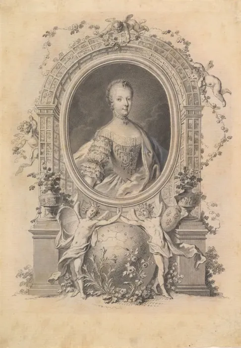 Framed Print : Portrait of Queen Marie-Antoinette in an ornamental frame, late 18th century Framed Print : Portrait of Queen Marie-Antoinette in an ornamental frame, late 18th century