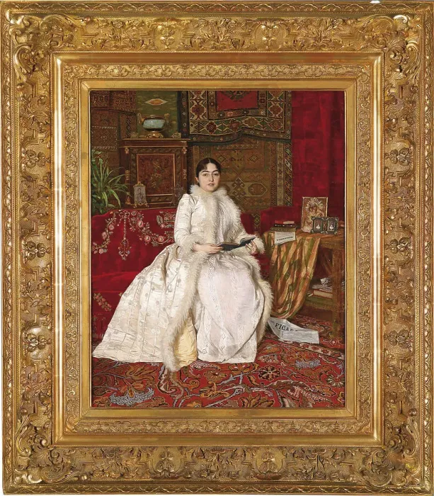 Framed Print : Portrait of Queen Natalie of Serbia in an Elegant Interior, 1890. Artist: Predic, Uros (1857-1953) Framed Print : Portrait of Queen Natalie of Serbia in an Elegant Interior, 1890. Artist: Predic, Uros (1857-1953)