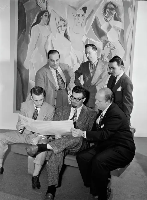 Framed Print : Portrait of Ralph Burns, Edwin A. Finckel, George Handy, Neal Hefti...Museum of Modern Art, NY, 1947 Creator: William Paul Gottlieb Framed Print : Portrait of Ralph Burns, Edwin A. Finckel, George Handy, Neal Hefti...Museum of Modern Art, NY, 1947 Creator: William Paul Gottlieb