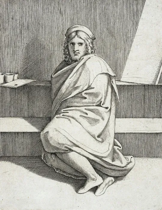 Framed Print : Portrait of Raphael, Seated, between circa 1517 and circa 1519. Creator: Marcantonio Raimondi