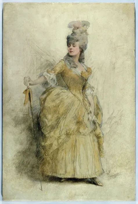 Framed Print : Portrait of Réjane (1856-1920) in stage costume, 1888. Creator: Theobald Chartran Framed Print : Portrait of Réjane (1856-1920) in stage costume, 1888. Creator: Theobald Chartran