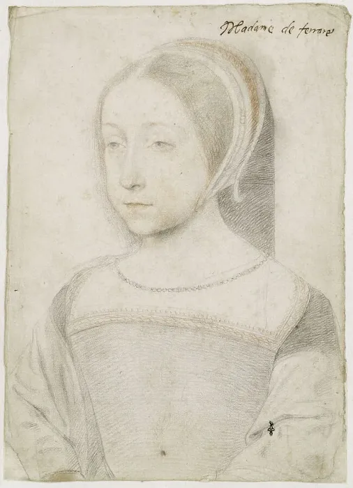 Framed Print : Portrait of Renée of France (1510-1574), Duchess of Ferrara, 1519. Creator: Clouet, Jean (c. 1485-1541) Framed Print : Portrait of Renée of France (1510-1574), Duchess of Ferrara, 1519. Creator: Clouet, Jean (c. 1485-1541)