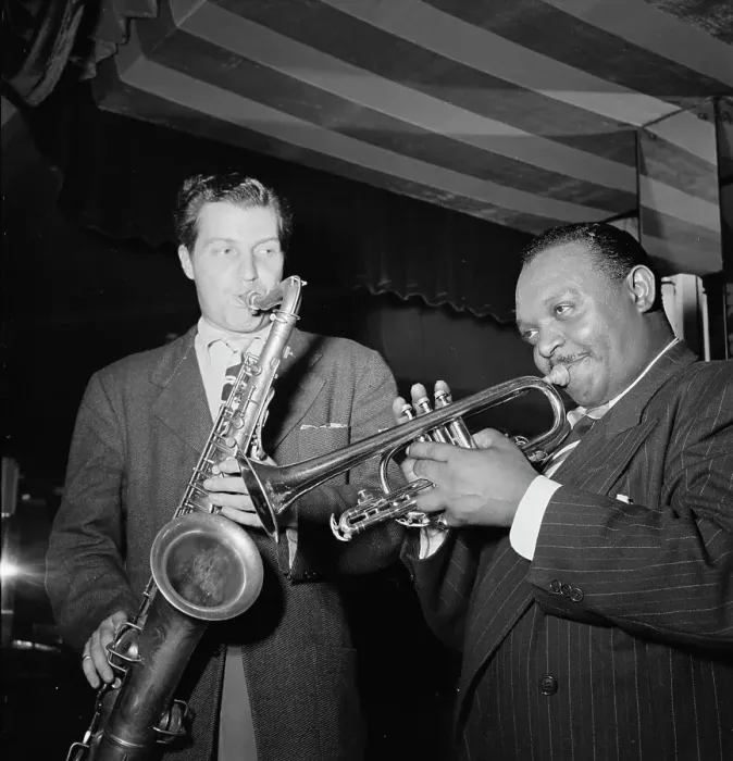 Framed Print : Portrait of Rex William Stewart and Charlie Barnet, Aquarium, New York, N.Y. ca. Aug. 1946. Creator: William Paul Gottlieb Framed Print : Portrait of Rex William Stewart and Charlie Barnet, Aquarium, New York, N.Y. ca. Aug. 1946. Creator: William Paul Gottlieb