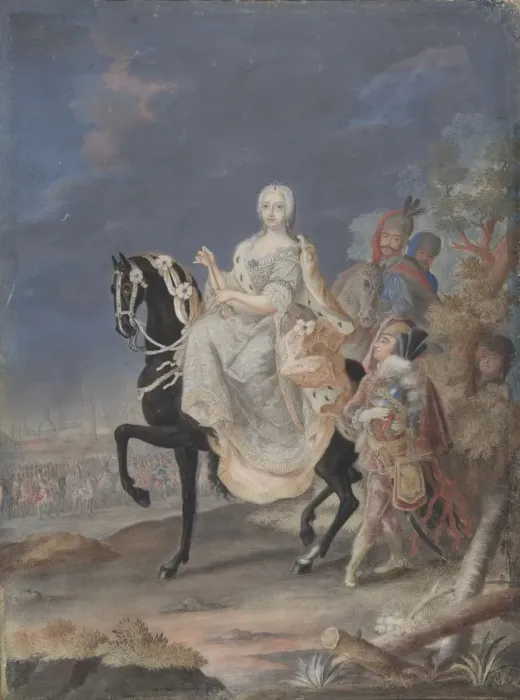 Framed Print : Portrait of a Russian Empress on horseback, 18th century. Creator: Anon Framed Print : Portrait of a Russian Empress on horseback, 18th century. Creator: Anon