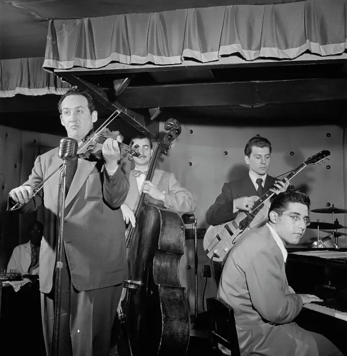 Framed Print : Portrait of Sam Hall Kaplan, Frenchy Cauette, Chuck Wayne, and Deryk Sampson, Three Deuces, NY, 1947 Creator: William Paul Gottlieb Framed Print : Portrait of Sam Hall Kaplan, Frenchy Cauette, Chuck Wayne, and Deryk Sampson, Three Deuces, NY, 1947 Creator: William Paul Gottlieb