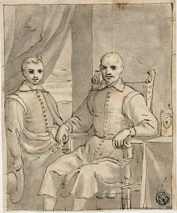Framed Print : Portrait of a Seated Ecclesiastic and a Standing Boy, c.1610. Creator: Bernardo Castello Framed Print : Portrait of a Seated Ecclesiastic and a Standing Boy, c.1610. Creator: Bernardo Castello