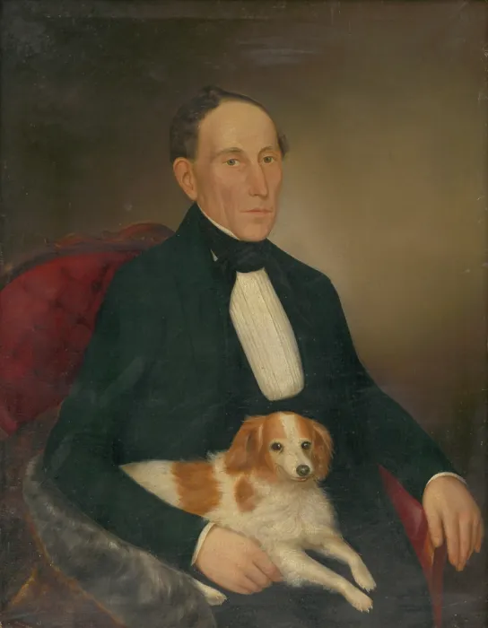 Framed Print : Portrait of a seated man with a dog, 1853. Creator: Palinka Framed Print : Portrait of a seated man with a dog, 1853. Creator: Palinka