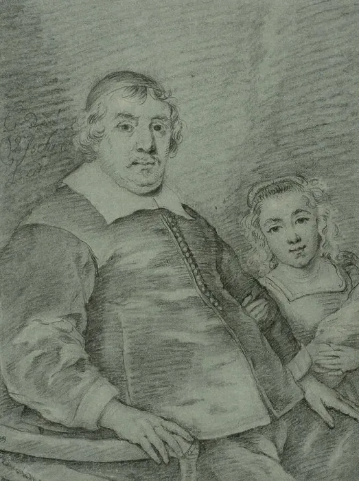 Framed Print : Portrait of a seated man and a young girl, c17th century. Creator: Unknown Framed Print : Portrait of a seated man and a young girl, c17th century. Creator: Unknown