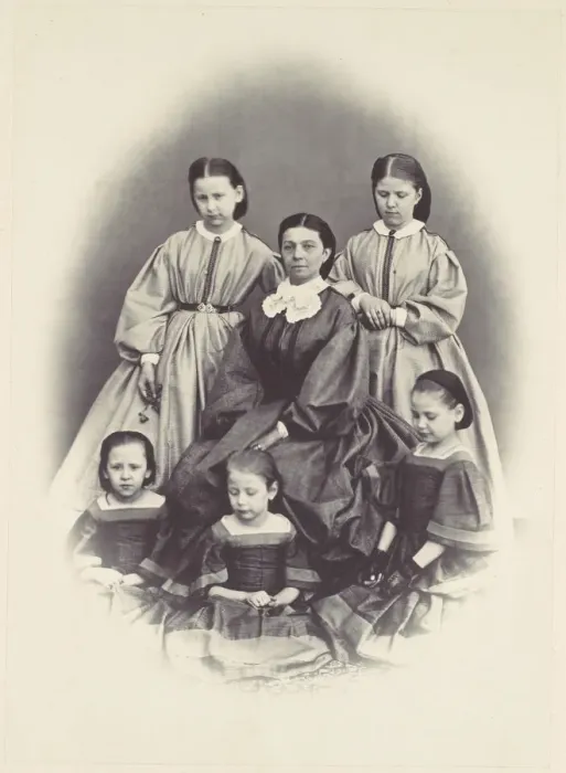 Framed Print : [Portrait of a Seated Woman Surrounded by Five Girls, Seated and Standing], 1850s-60s