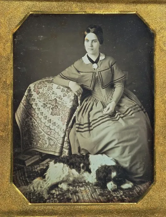 Framed Print : Portrait of a Seated Young Woman and Dog, 1845-1847. Creator: Unknown Framed Print : Portrait of a Seated Young Woman and Dog, 1845-1847. Creator: Unknown