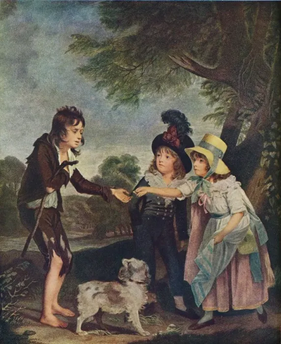 Framed Print : Portrait of Sir Francis Ford?s Children Giving a Coin to a Beggar Boy. Exhibited 1793 (1906). Artist: Charles Wilkinson Framed Print : Portrait of Sir Francis Ford?s Children Giving a Coin to a Beggar Boy. Exhibited 1793 (1906). Artist: Charles Wilkinson