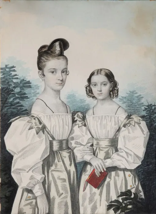 Framed Print : Portrait of Sisters Anna Petrovna (1822-1905) and Elena Petrovna (1824-1860) Ushakov, 1830s. Artist: Hampeln, Carl, von (1794-after 1880) Framed Print : Portrait of Sisters Anna Petrovna (1822-1905) and Elena Petrovna (1824-1860) Ushakov, 1830s. Artist: Hampeln, Carl, von (1794-after 1880)