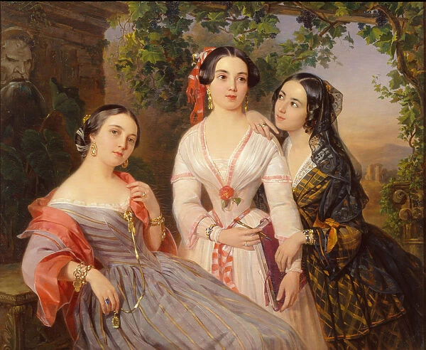 Portrait of Sisters Countess Elizaveta Salias De Tournemire, Sophia Sukhovo-Kobylina and Eudokia Petrovo-Solovovo, 1847. Artist: Orlov, Pimen Nikitich (1812-1863)