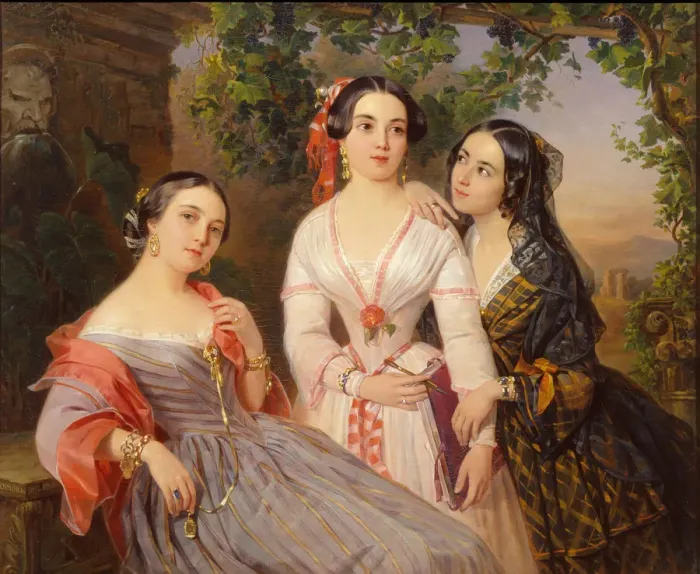 Framed Print : Portrait of Sisters Countess Elizaveta Salias De Tournemire, Sophia Sukhovo-Kobylina and Eudokia Petrovo-Solovovo, 1847. Artist: Orlov, Pimen Nikitich (1812-1863) Framed Print : Portrait of Sisters Countess Elizaveta Salias De Tournemire, Sophia Sukhovo-Kobylina and Eudokia Petrovo-Solovovo, 1847. Artist: Orlov, Pimen Nikitich (1812-1863)