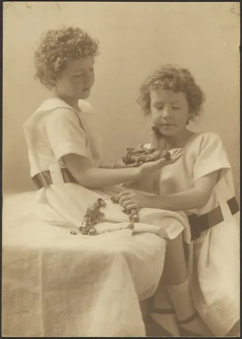 Framed Print : Portrait of Two Sisters Holding Statue and Wreath, 1907-1943. Creator: Louis Fleckenstein Framed Print : Portrait of Two Sisters Holding Statue and Wreath, 1907-1943. Creator: Louis Fleckenstein
