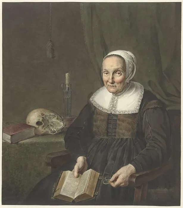 Framed Print : Portrait of a sitting old woman with opened book, 1780-1834. Creator: Jean Pierre de Frey Framed Print : Portrait of a sitting old woman with opened book, 1780-1834. Creator: Jean Pierre de Frey