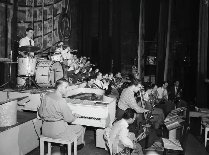 Framed Print : Portrait of Stan Kenton, Laurindo Almeida, Eddie Safranski, Bob Cooper...Richmond, Va.(?), 1947 or 48 Creator: William Paul Gottlieb Framed Print : Portrait of Stan Kenton, Laurindo Almeida, Eddie Safranski, Bob Cooper...Richmond, Va.(?), 1947 or 48 Creator: William Paul Gottlieb