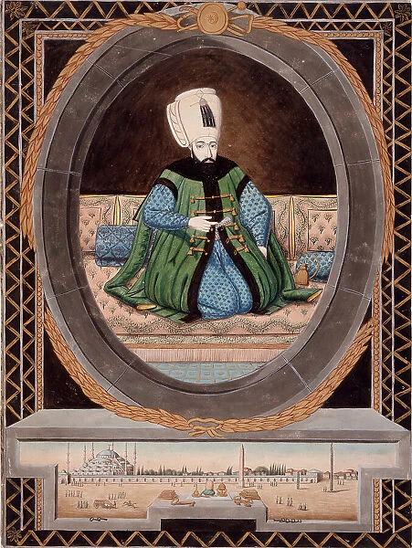 Portrait of Sultan Ahmet I (1603-1617), Above a View of the Hippodrome and the 'Blue Mosque'...c1805 Creator: Unknown. Portrait of Sultan Ahmet I (1603-1617), Above a View of the Hippodrome and the 'Blue Mosque'...c1805 Creator: Unknown