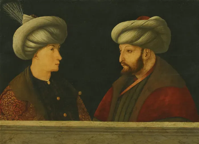 Framed Print : Portrait of Sultan Mehmed II with a young dignitary. Artist: Bellini, Gentile, (Follower of) Framed Print : Portrait of Sultan Mehmed II with a young dignitary. Artist: Bellini, Gentile, (Follower of)