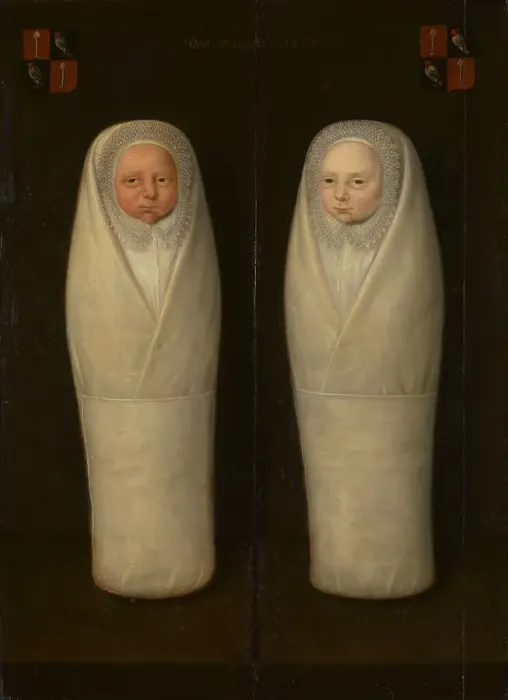 Framed Print : Portrait of Swaddled Twins: The Early-Deceased Children of Jacob de Graeff and Aeltge Boelens, c1617 Creator: Unknown Framed Print : Portrait of Swaddled Twins: The Early-Deceased Children of Jacob de Graeff and Aeltge Boelens, c1617 Creator: Unknown