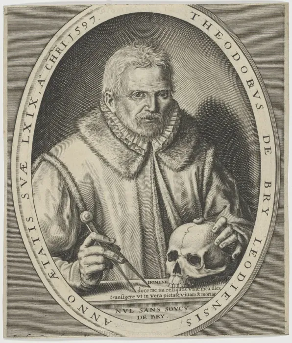 Framed Print : Portrait of Theodor de Bry (1528-1598), ca. 1597. Creator: Bry, Johann Theodor de (1561-1623) Framed Print : Portrait of Theodor de Bry (1528-1598), ca. 1597. Creator: Bry, Johann Theodor de (1561-1623)