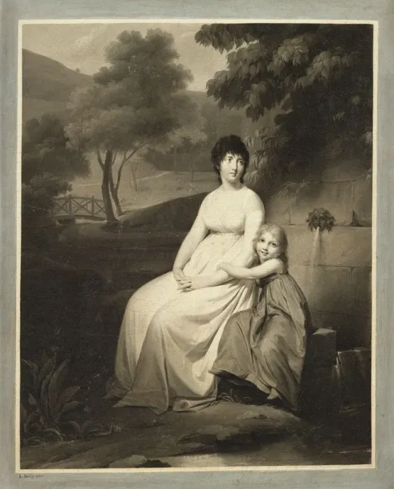Framed Print : Portrait of Theresa Tallien and her daughter in a park, 1810s Framed Print : Portrait of Theresa Tallien and her daughter in a park, 1810s