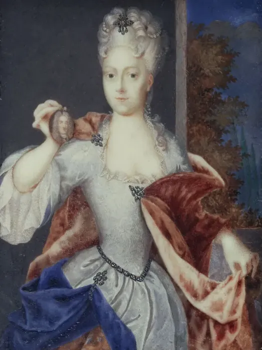 Framed Print : Portrait thought to be Amalia-Wilhelmine of Habsburg, holding a miniature of her husband... c1699. Creator: Ecole Francaise Framed Print : Portrait thought to be Amalia-Wilhelmine of Habsburg, holding a miniature of her husband... c1699. Creator: Ecole Francaise